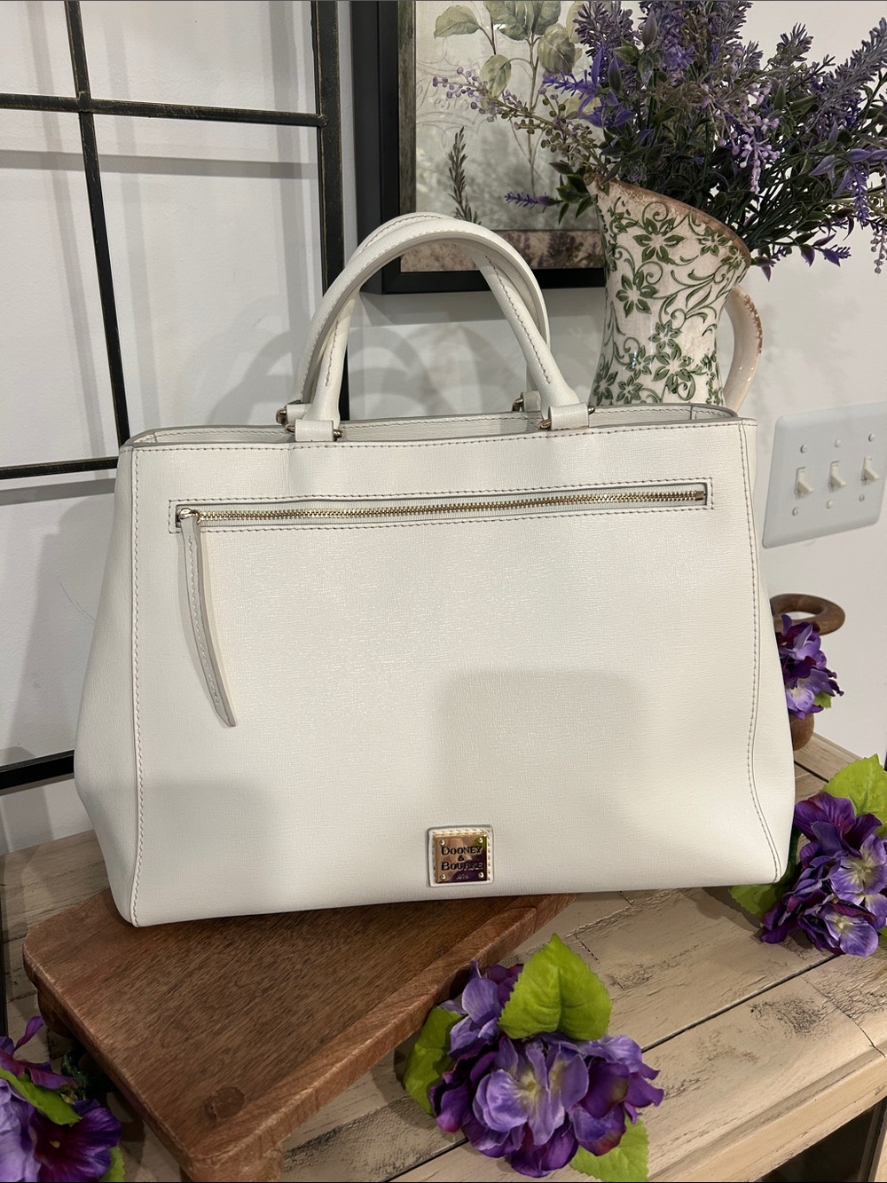 Dooney & Bourke White Leather Structured Satchel with Top Handles